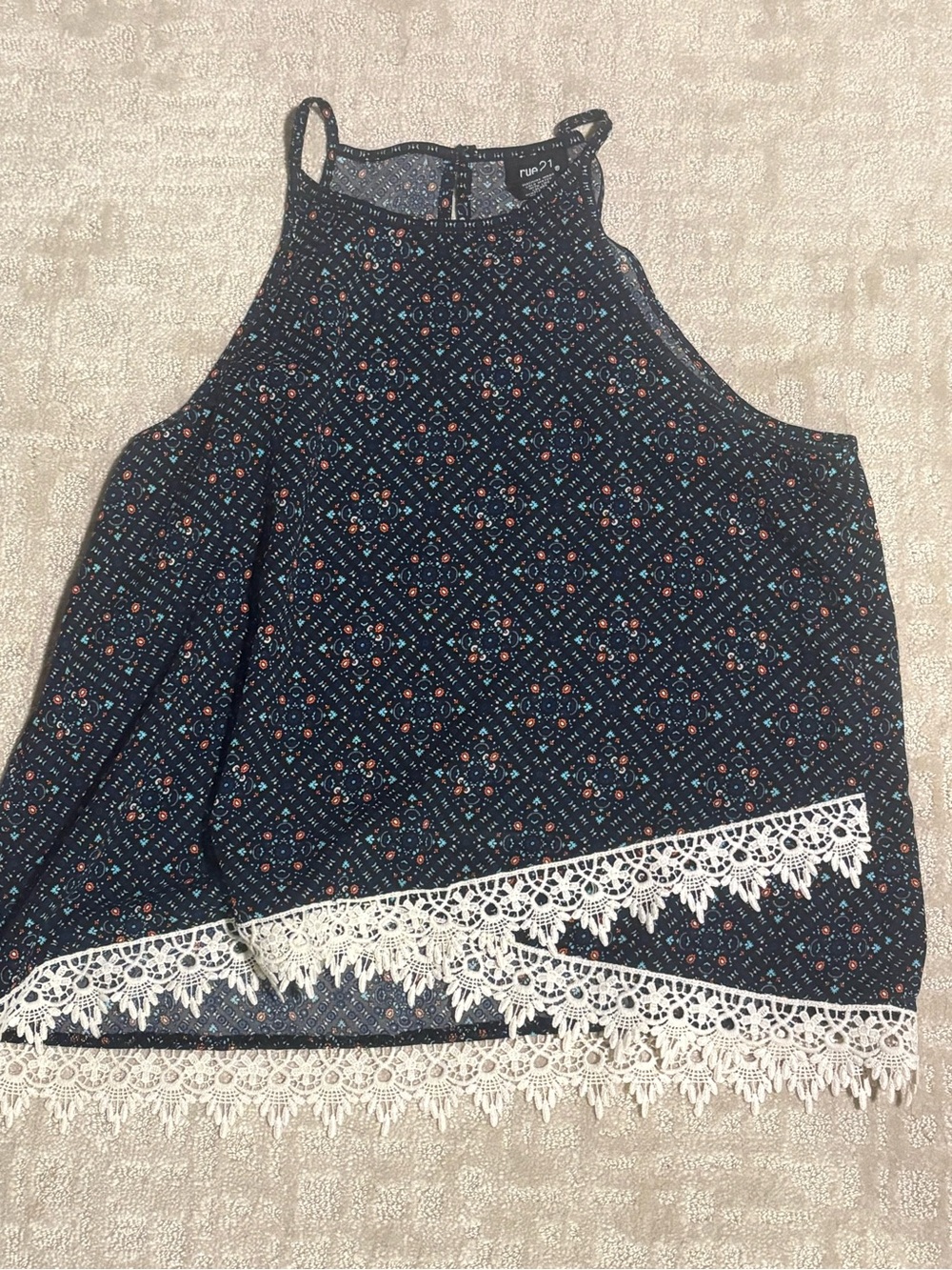 Rue21 Navy Floral Halter Tank with White Lace Trim